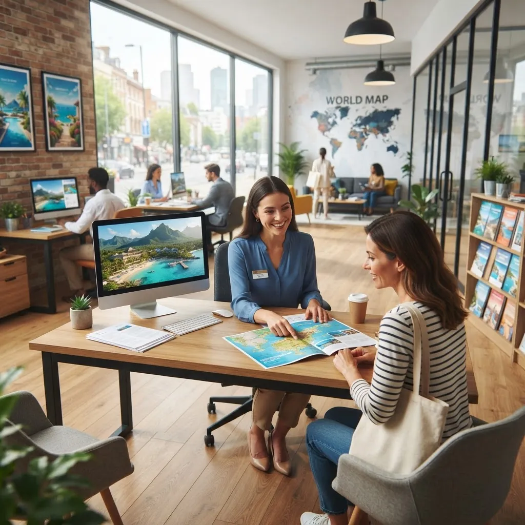 Travel consultant advising a customer on a holiday booking at a travel agency