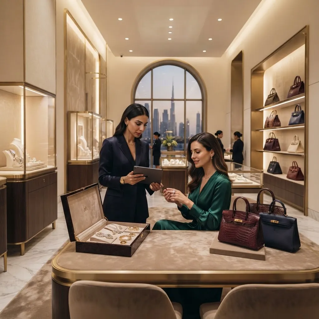 Sales associate presenting a designer handbag to a client in a luxury boutique