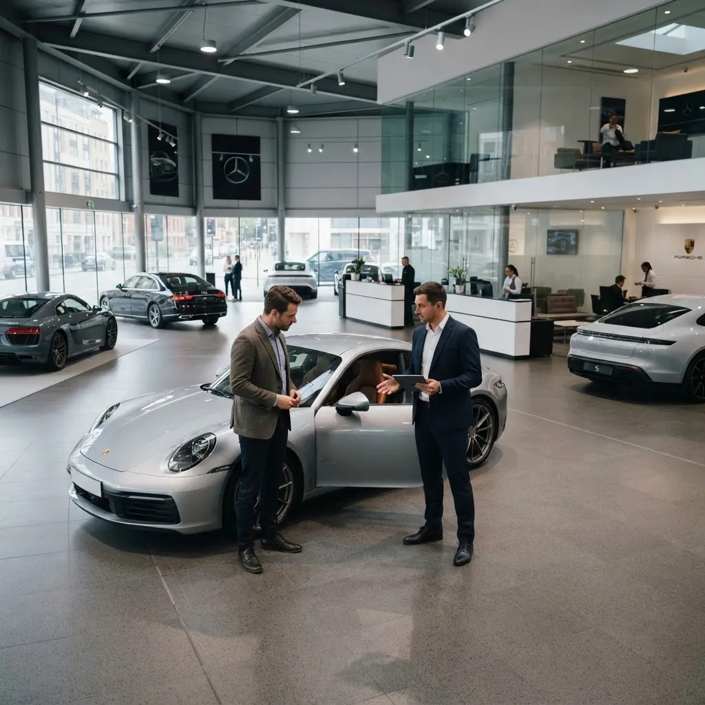 Sales consultant speaking with a customer beside a sports car in a car showroom