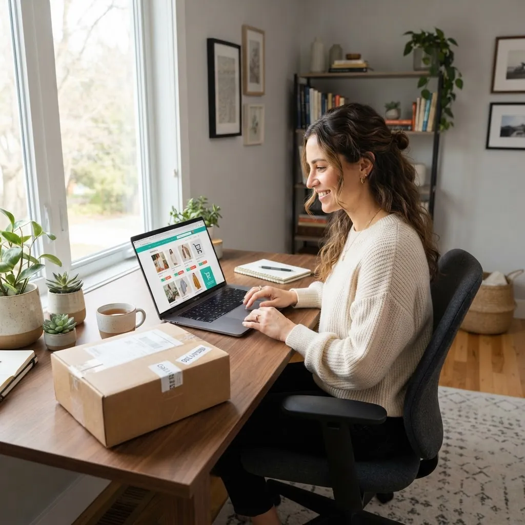 Customer placing an online order on a laptop with a delivery parcel on the desk