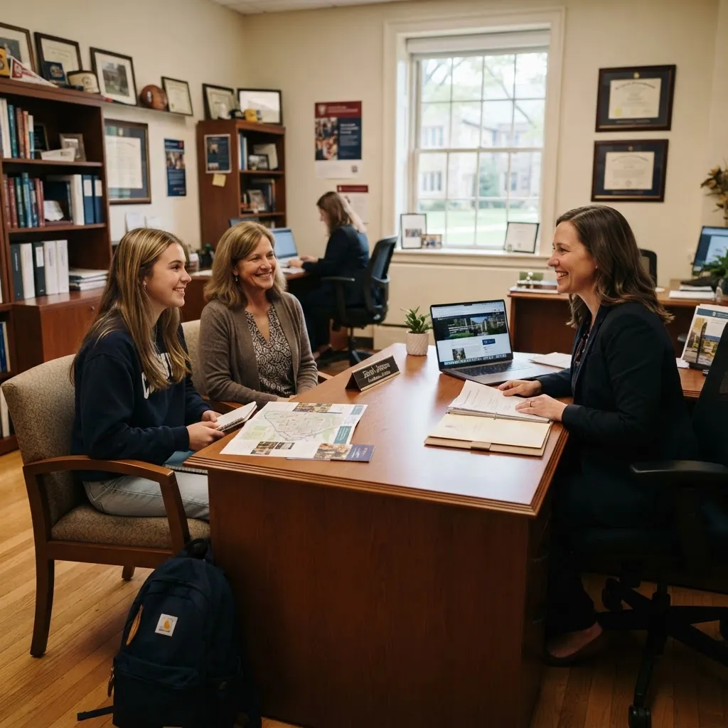 Admissions adviser meeting a parent and student in a school admissions office