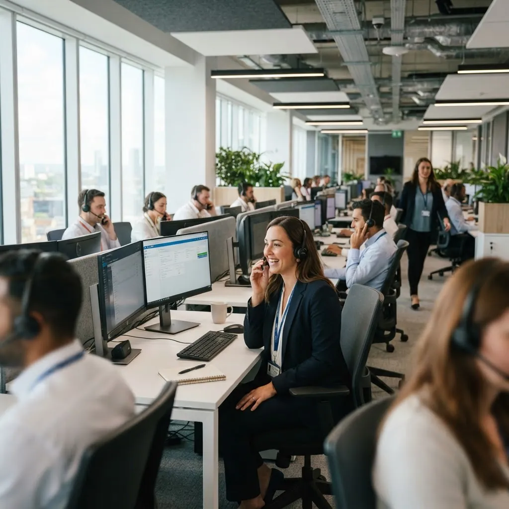 Call centre agents answering customer calls in a modern open-plan office