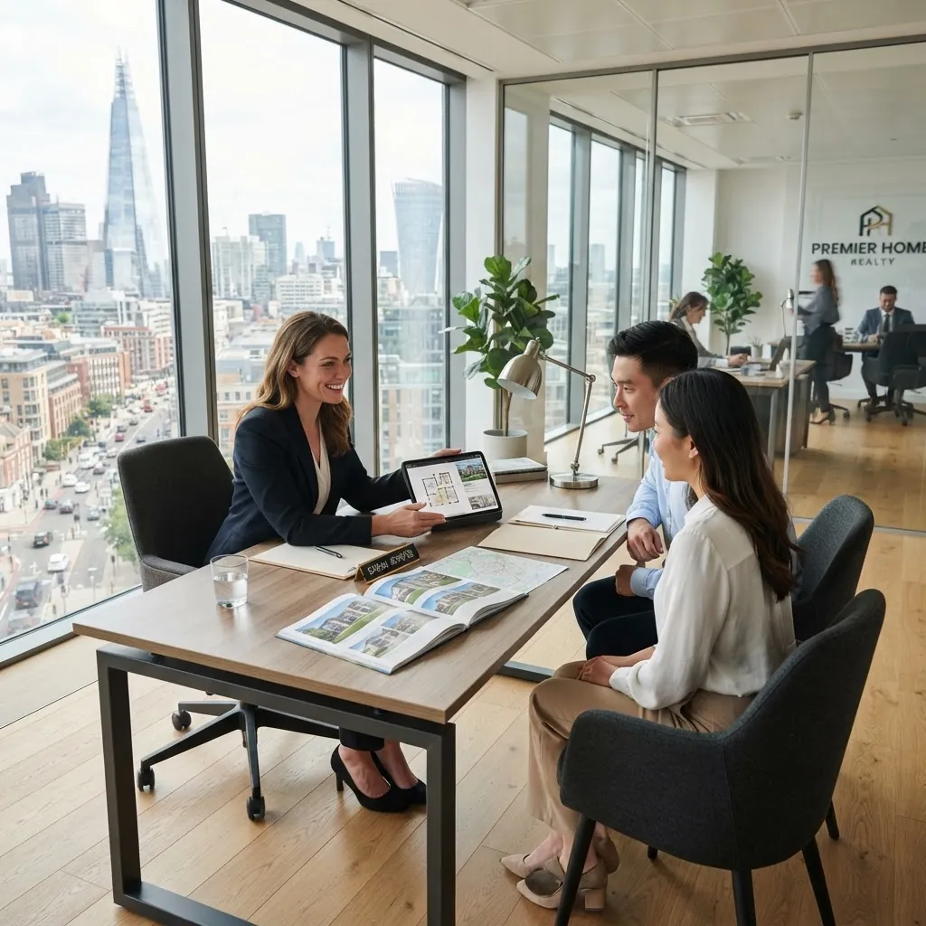 Real estate agent presenting property brochures to a couple in a Dubai sales office