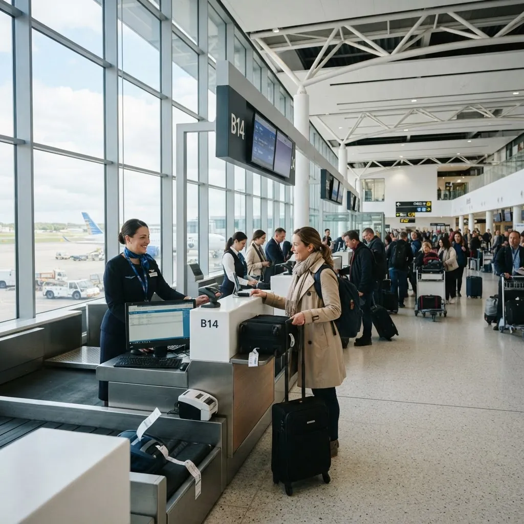 Passengers with luggage at airline check-in counters in an airport terminal