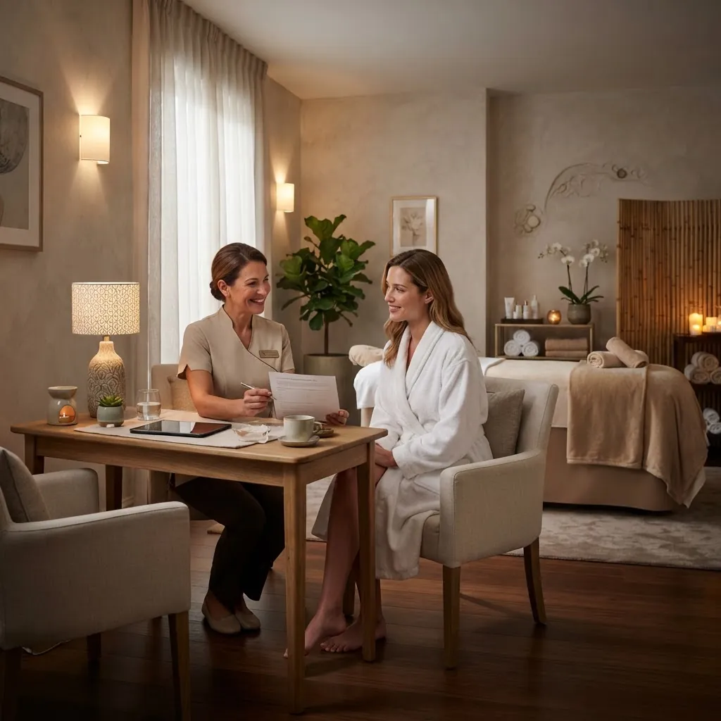 Therapist holding a consultation with a guest in a spa treatment room