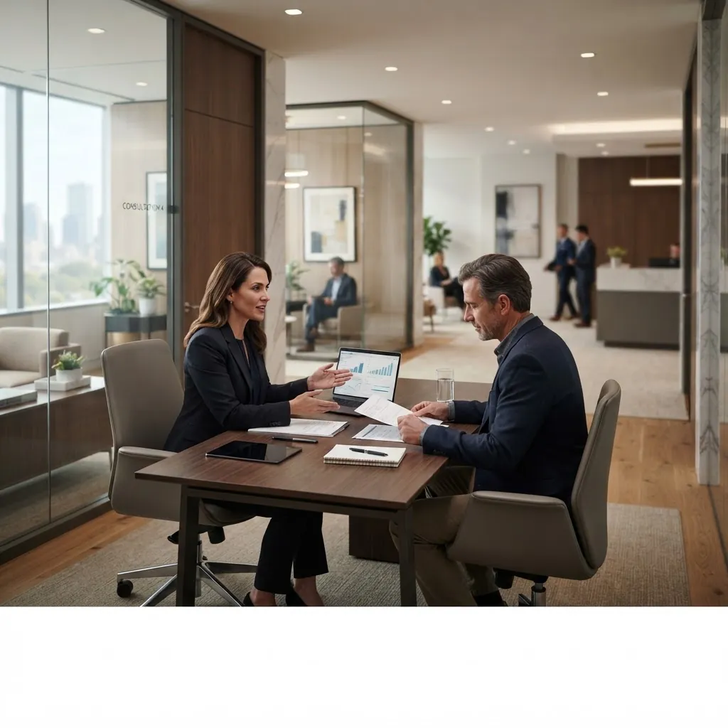 Relationship manager advising a customer at a bank branch desk