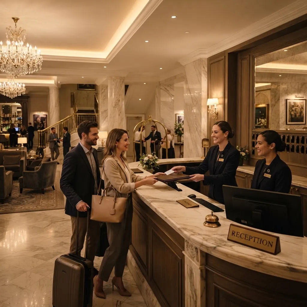 Front-desk staff checking guests in at an elegant hotel reception
