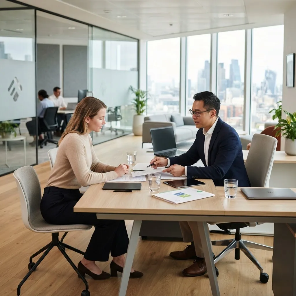Insurance adviser explaining policy options to a client at an office desk