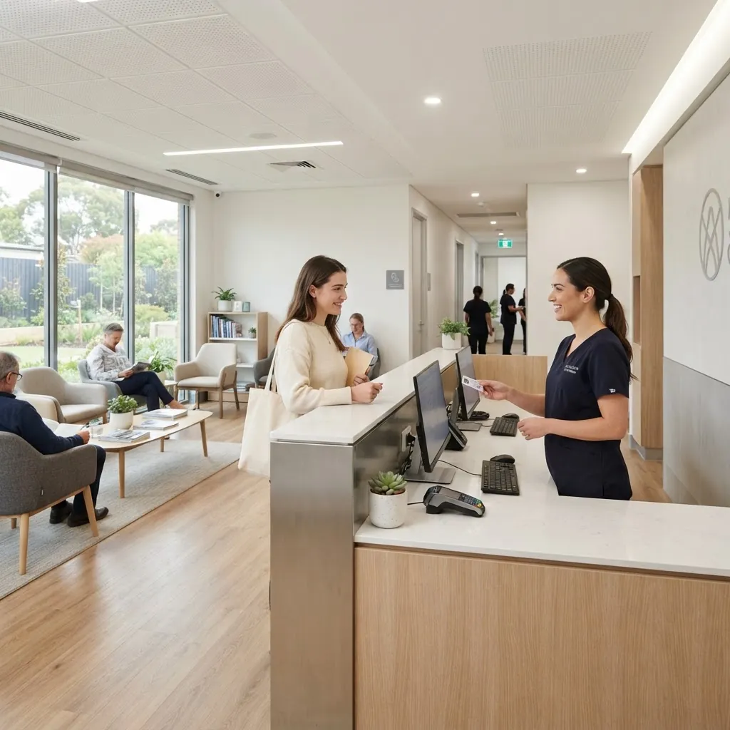 Receptionist greeting a patient at the front desk of a healthcare clinic